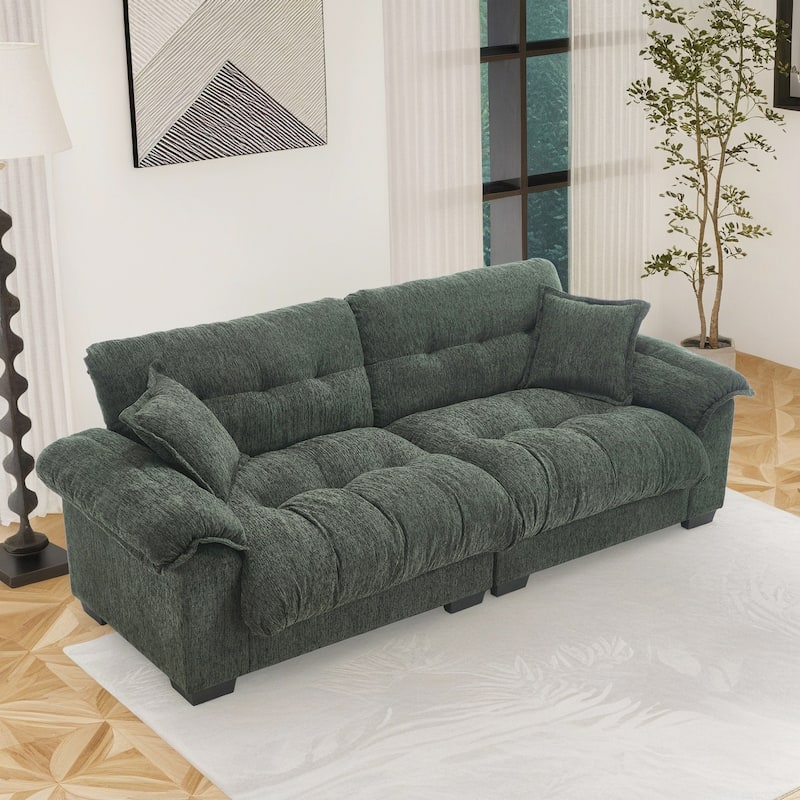 91" Modern Chenille Sofa Tufted Upholstered Couch with Two Throw Pillows for Living Room, Office, Living Room