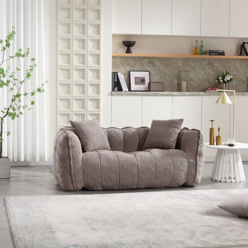 2-Seater Chenille Bean Bag Loveseat, Soft Square Recliner Sofa with High-Resilience Foam, Armrests & 2 Pillows