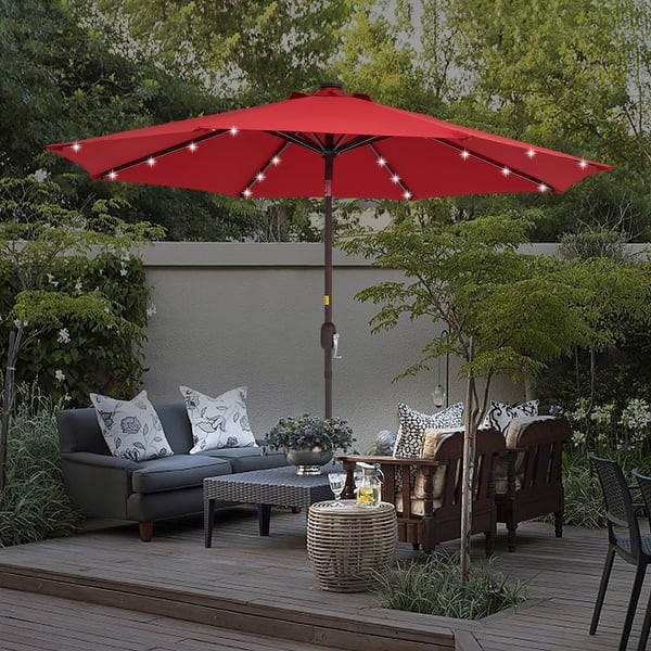 9ft led patio umbrella WESTLAKE 9 Ft Solar Umbrella, Beige supported by 8 powder steel umbrella bones Sun Ray - 9' Round