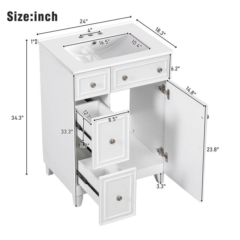 Bathroom Vanity Set: 24-Inch Cabinet With Ceramic Sink, Two Drawers And A Single Door - 24"W*18.3"D*34.3"H