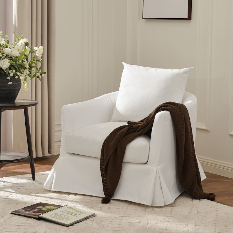 KINWELL 32" W Down Fill Upholstered Slipcovered Swivel Barrel Accent Armchair