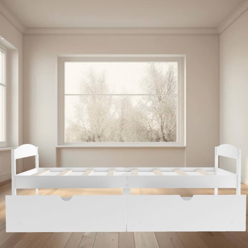Twin Size Wooden Platform Bed Frame with 2 Drawers, Practical and Space-Saving Storage Bed, for Kids Boys Girls, Easy Assembly - White - Twin