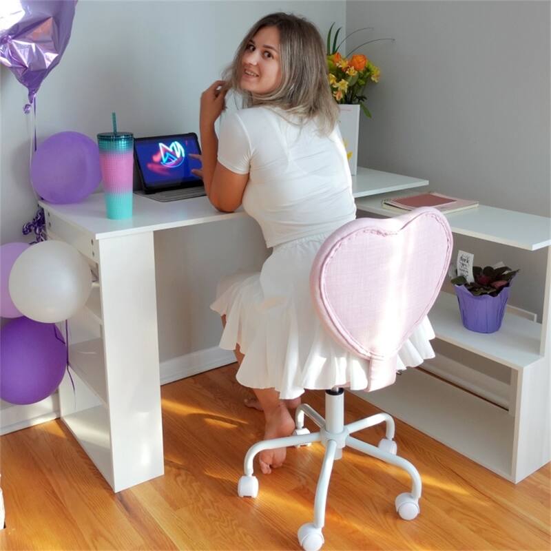 Pink Linen Heart Back Office Chair with Swivel, Wheels and Height Adjust - 15.75" W x 19.75" D x 31"-35" H