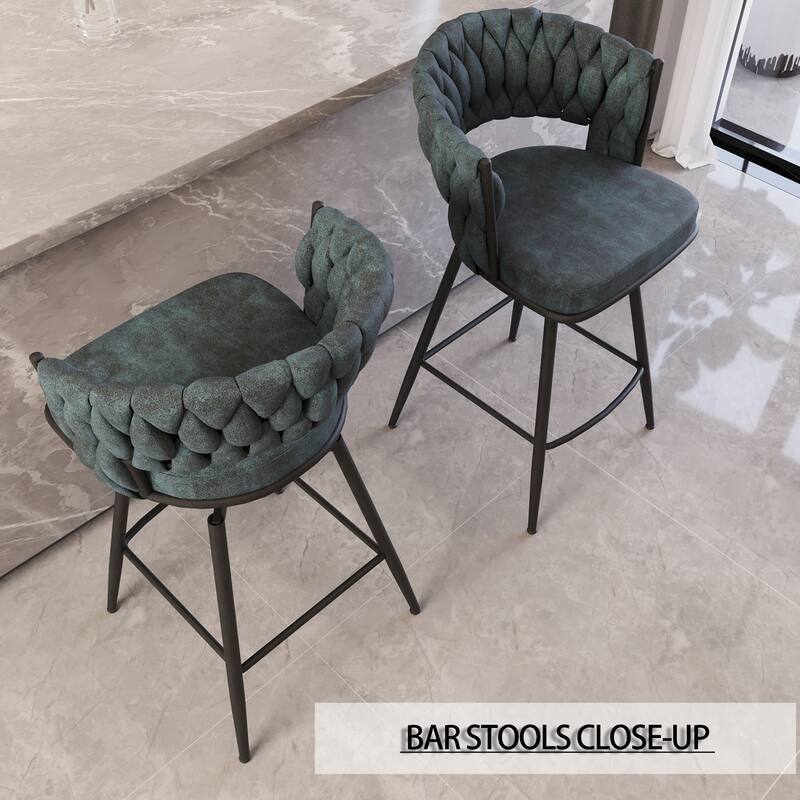 360 Swivel Suede Woven Bar Chair Set of 4, Upholstered Barstools with Metal Base