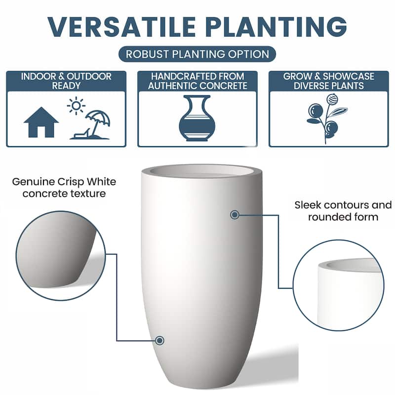 Textured Granite Gray Tall Concrete Round Plant Pots / Large Indoor and Outdoor flower Planters (13.5 Inch x 24.5 Inch)