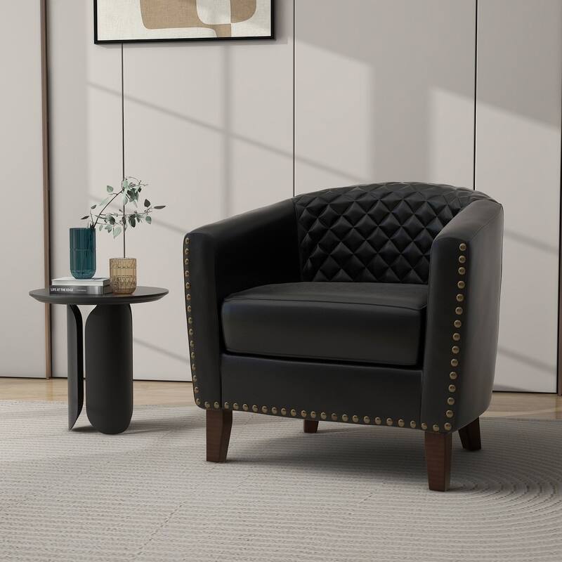 UIXE Mid-Century Leather Barrel Accent Chair With Nailheads Trim - 29" W