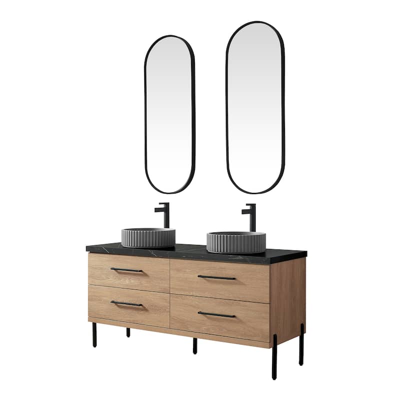Trento Bath Vanity, Sintered Stone Top with Concrete Sink & Mirror - 60in. - North American Oak(Round Sink)