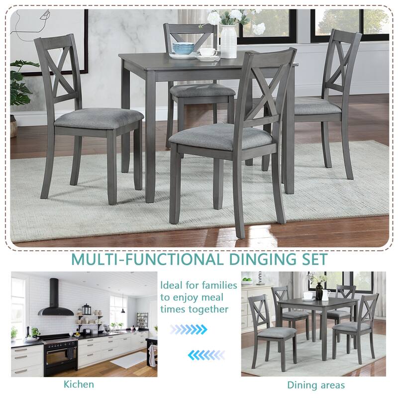 5 Piece Dining Table Set for 4 People, Wooden Kitchen Table Set with 4 Vertical X Backrest Upholstered Chairs, for Living Room