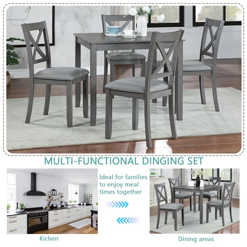 GDFStudio - Dunmore 5-Piece Farmhouse Wooden Square Dining Table Set with 4 Wooden Upholstered Dining Chairs