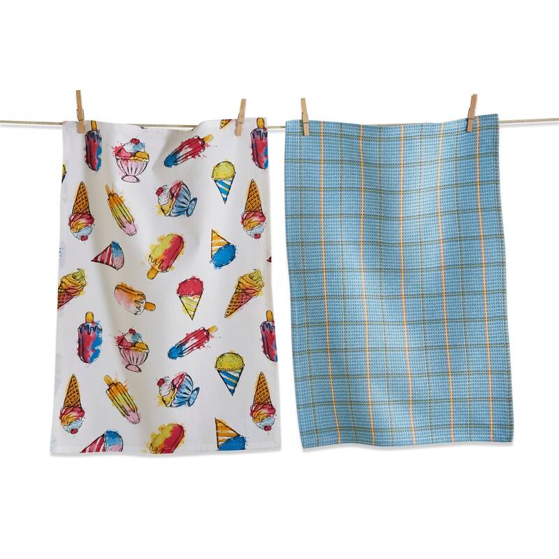 Ice Cream Social Dishtowel Set of 2 - Colorful Cotton Kitchen Towels for Summer - 26" x 18" - Machine Washable