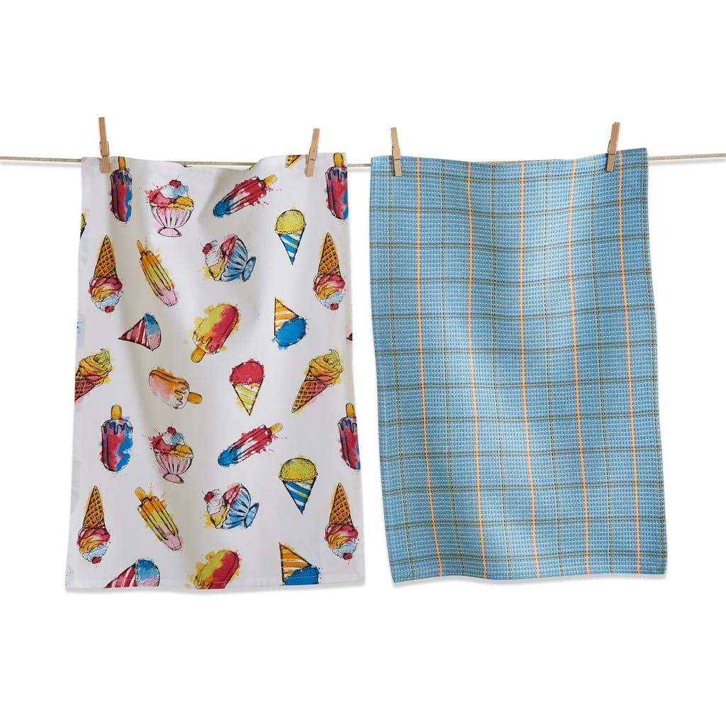 Ice Cream Social Dishtowel Set of 2 - Colorful Cotton Kitchen Towels for Summer - 26" x 18" - Machine Washable