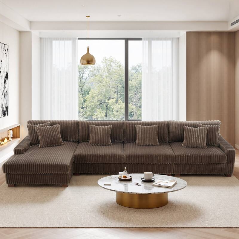 Cotton Flannel 3-Seat Modular Sectional Sofa with Chaise - Light Brown - Left Facing