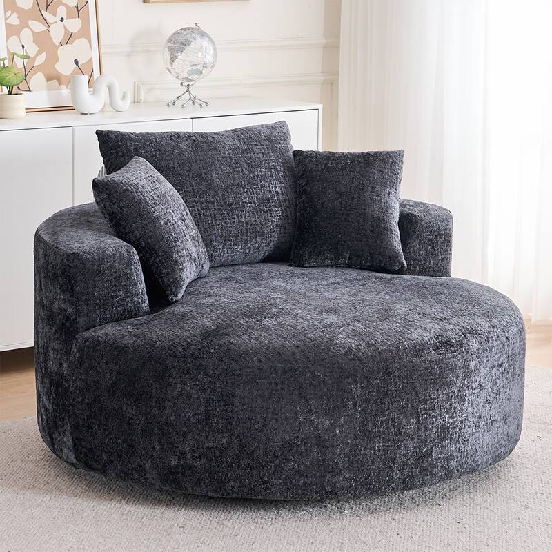 Round Accent Chair with High-Resilience Cushions, Swivel Chenille Barrel Chair, Fluffy Sleeper Lounge Chair