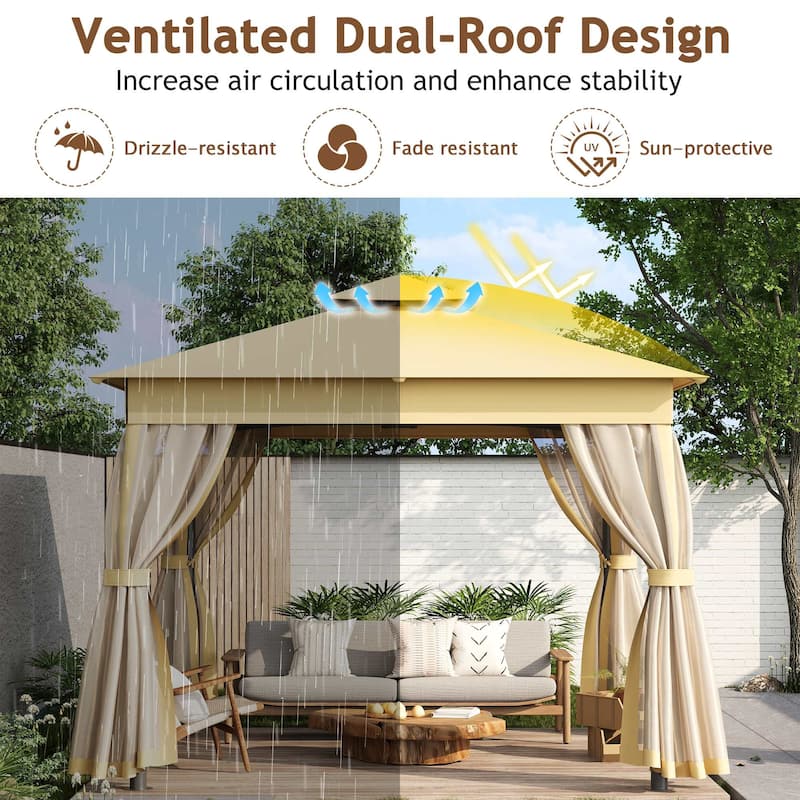 10"x10"/10"x12" Outdoor Gazebo Tent with Double Roof and Mosquito Netting