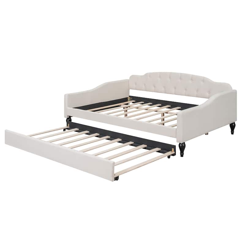 Beige Multifunctional Design Full Size Upholstered Tufted Daybed with Twin Size Trundle for Bedroom