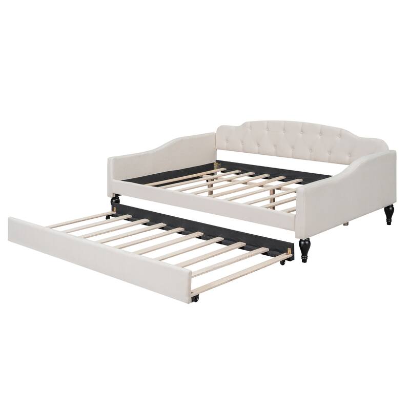 Full Minimalist Style Daybed Wood Structure Bedframe with Trundle, Curve Design Soft Backrest Wood Slat Support, Beige+Trundle