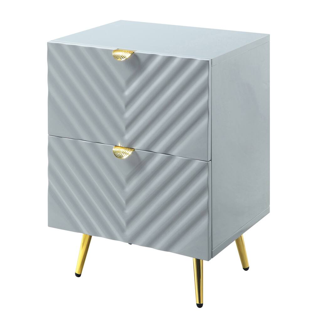 Grey High Gloss 2-Drawer Nightstand with Wave Design and Metal Legs