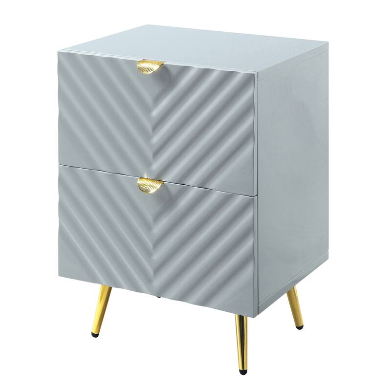 Grey High Gloss 2-Drawer Nightstand with Wave Design and Metal Legs - Grey