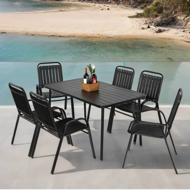 Outdoor Patio Dining Set with Plastic Chairs & Steel Table, 7 Pcs