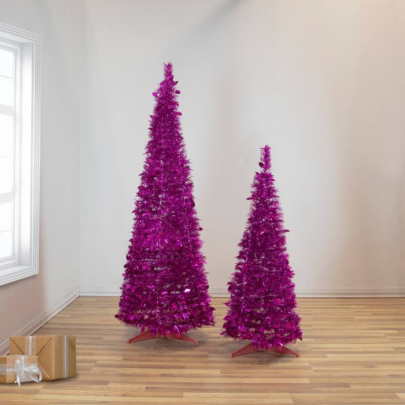 4' Pink Tinsel Pop-Up Artificial Christmas Tree Unlit