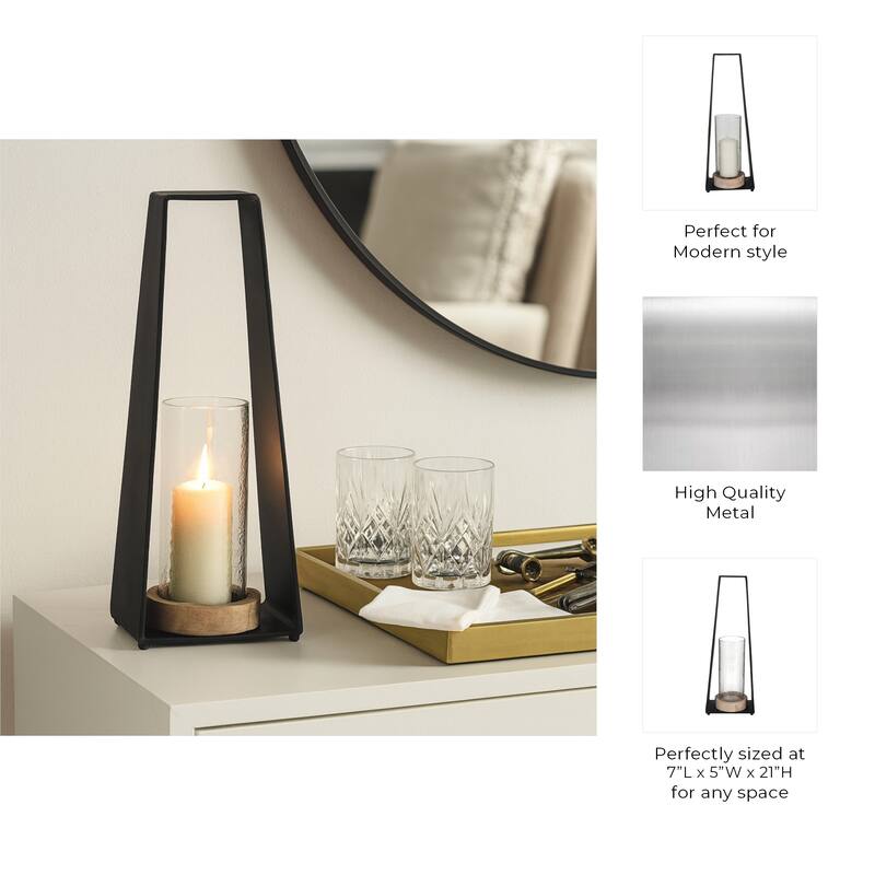 Candle Holder - Black Metal Glass Pillar Hurricane