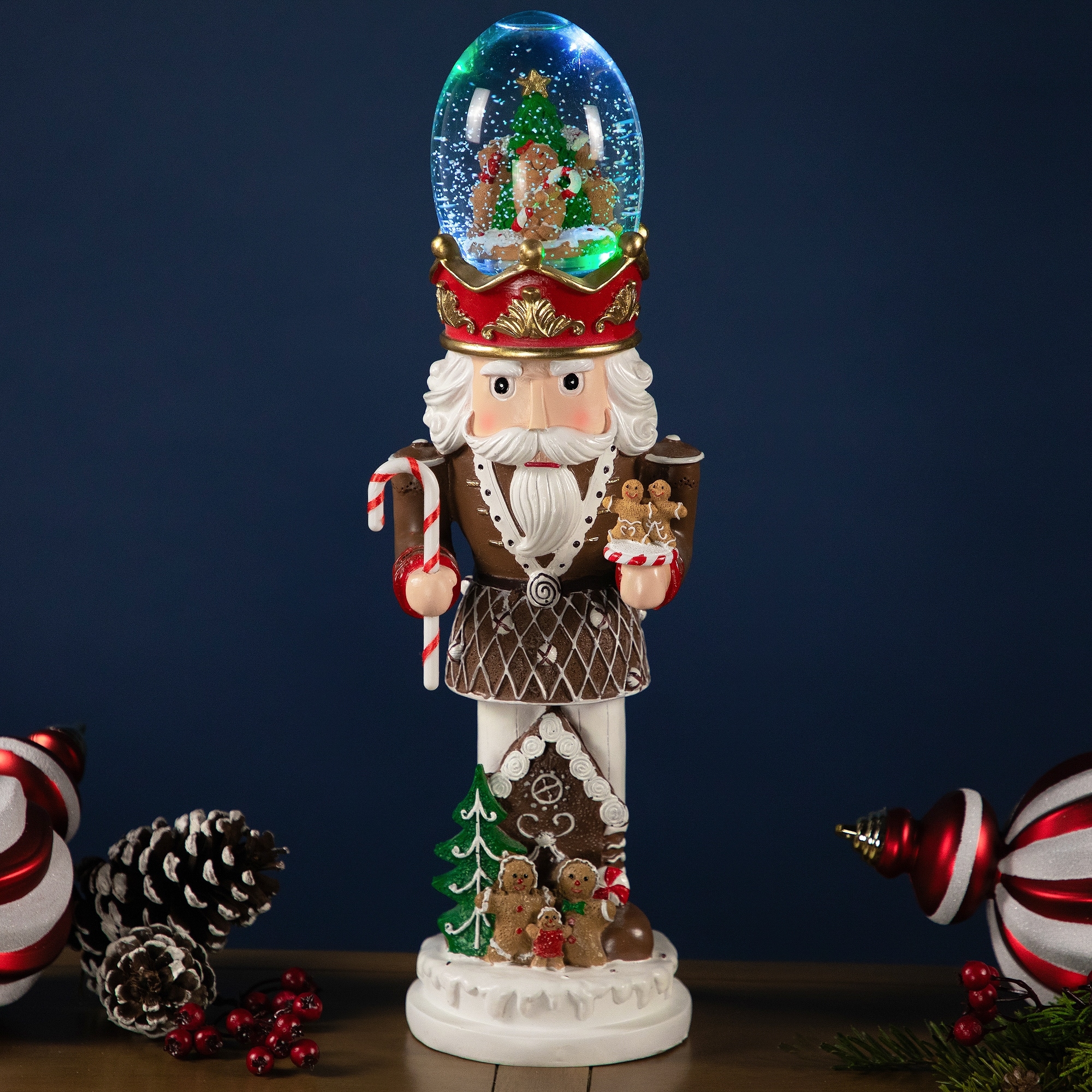 LED Lighted Gingerbread Nutcracker Musical Christmas Snow Globe 17.5"