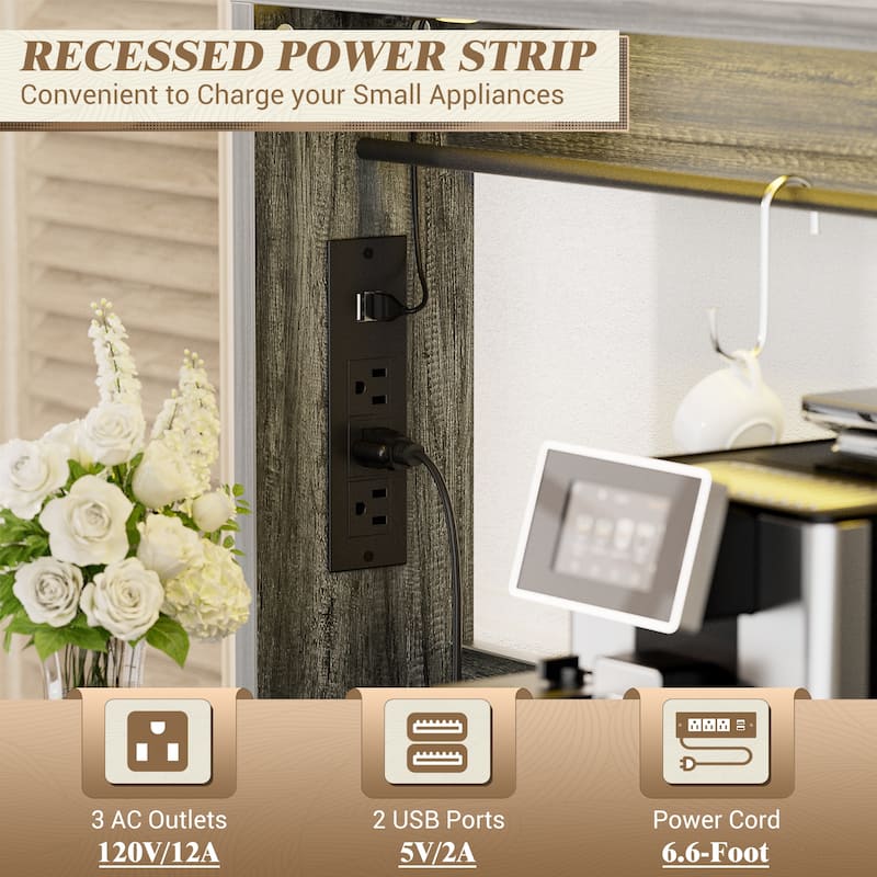Farmhouse Wine Bar Cabinet with Barn Door & Charging Station,Sturdy Buffet Coffee Bar Cabinet with LED Lights & Hutch
