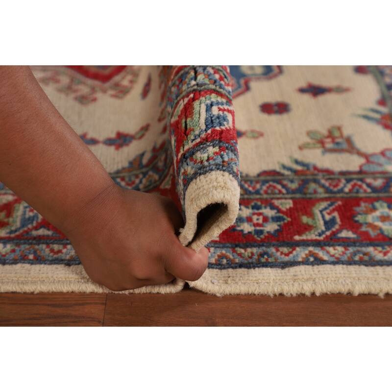Beige / Ivory Geometric Kazak Oriental Accent Rug Handmade Wool Carpet - 3'2" x 5'0"