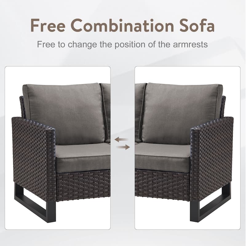 9 Pieces Patio Sofa Set with Fire Pit Table - Grey cushion - Brown