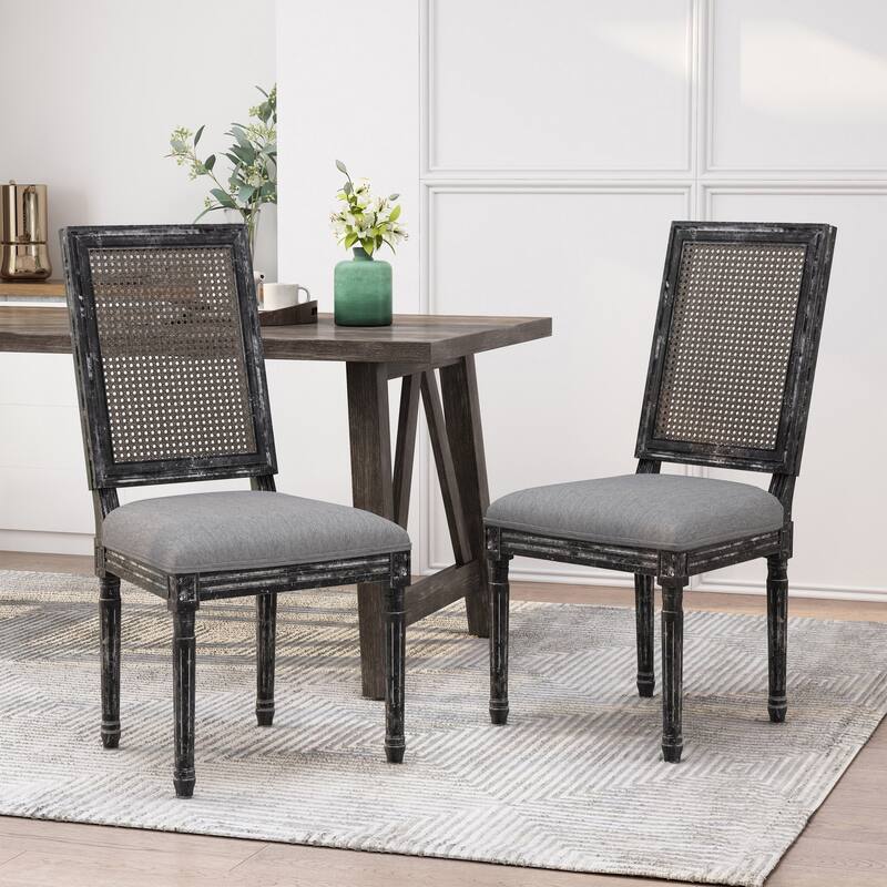 [Set of 2]Dining Chairs -Elegant Backrest & Upholstered Seats with Fluted Legs -Rustic Weathered Finish -Rubberwood Frame - Grey