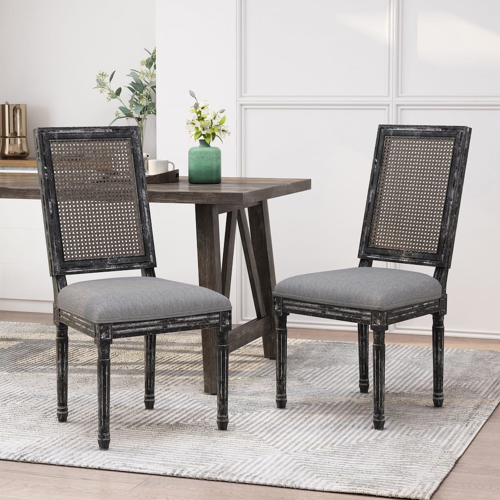 [Set of 2]Dining Chairs -Elegant Backrest & Upholstered Seats with Fluted Legs -Rustic Weathered Finish -Rubberwood Frame