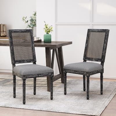 Wooden Frame Retro Dining Chair, Rattan Backrest Accent Chairs, Upholstered Lounge Chair, French Dining Table Chair (Set of 2)