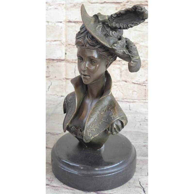 Elegant Girl With Dress Hat Bronze Sculpture Statue Art Deco Marble Base Figure