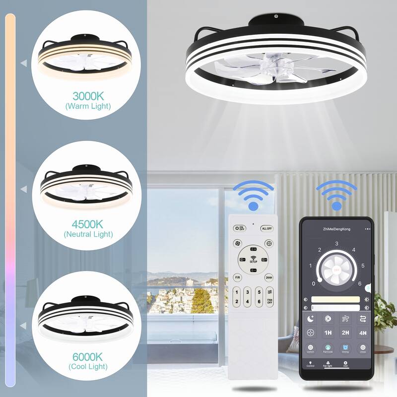 20" Oaks Aura Bladeless Smart App Remote Control Low Profile 6-Speed Ceiling Fan DC Motor Flush Mount Dimmable Lighting
