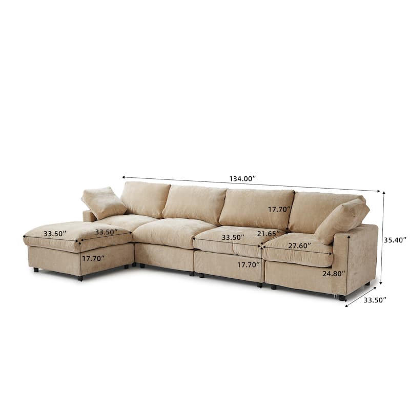 Minimalist Upholstered Cushion Sofa 4-Seater Chenille Modular Sectional Couch with Ottoman