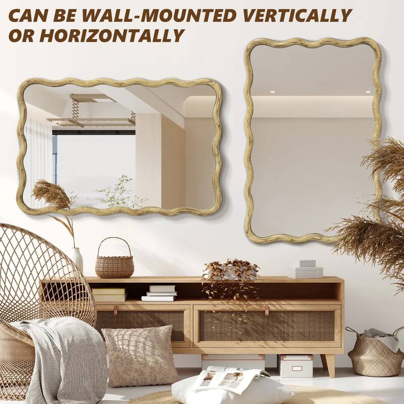 Scalloped Wood Frame Rectangle Wavy Wall Mirror