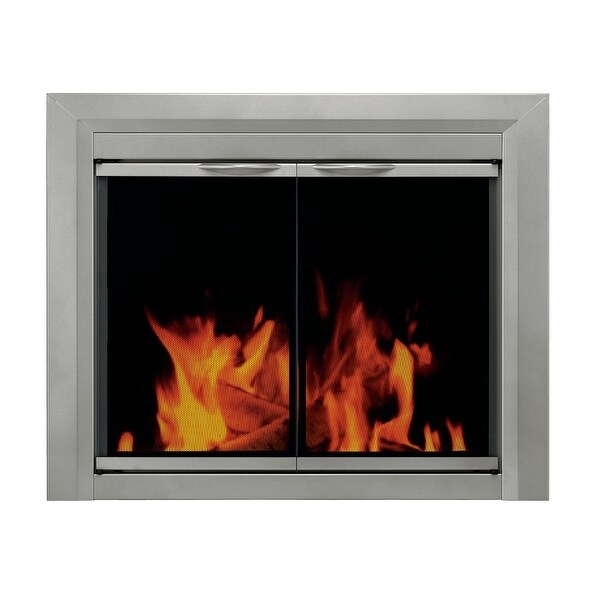 Pleasant Hearth CB-3301 Colby 31" H x 37.5" L Medium Cabinet Style Fireplace Screen with Smoked Glass Doors - Sunlight Nickel