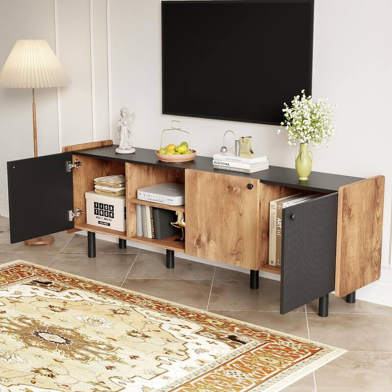 61" Mid-Century Modern TV Stand with 3 Cabinets & 2 Open Compartments - Media Console for TVs Up to 70"