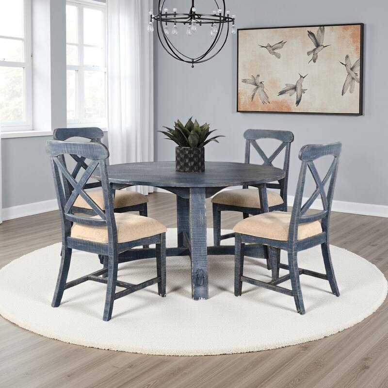Rena Dining Table, 54 Inch Round Planked Ocean Blue Mahogany Wood