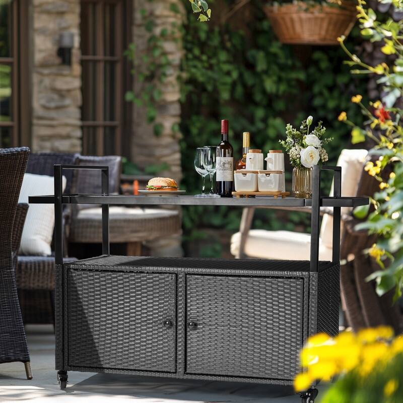 51*20*35.5inch Outdoor Bar Cart Table, Large Wicker Island Rolling Cart, Wheeled Buffet Serving Cart, Black