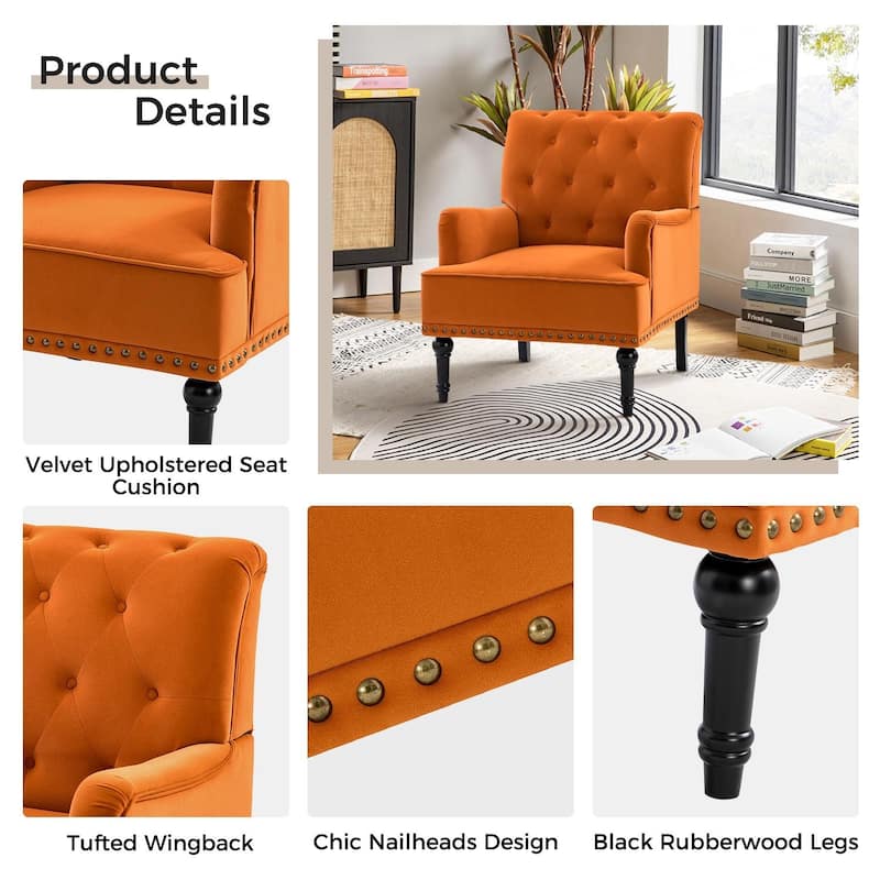 Geltrude Transitional Upholstered Button Tufted Club Chair with turned wooden Legs by HULALA HOME