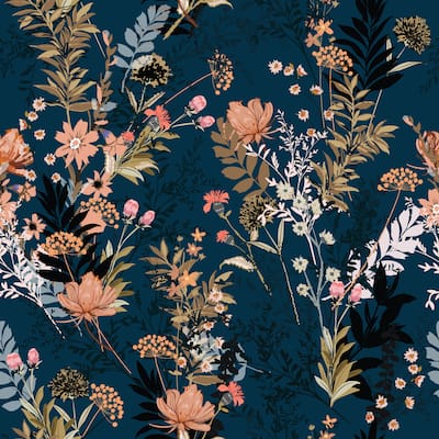 Autumn Navy/ Red/ Orange Flowers Removable Peel-and-Stick Wallpaper - 24'' inch x 10'ft