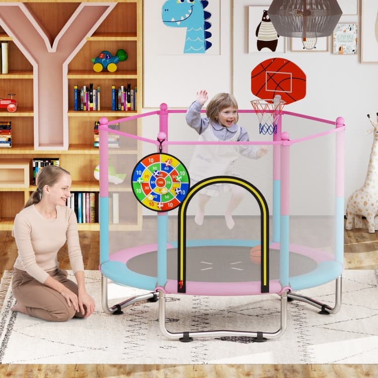 60 inch Kids Trampoline Toddler Recreational Trampoline with Basketball Hoop-Macaron - Multi