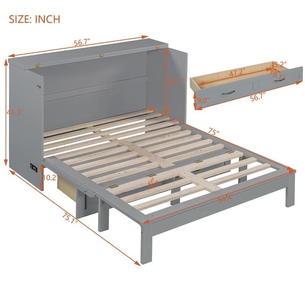 dimension image slide 1 of 7, Wood Murphy Bed with Large Drawer and Charging Station, Foldable Cabinet Wall Chest Bed with Rattan Finish, Wood Slats Support