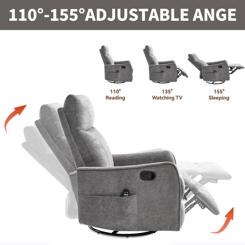 Fabric Recliner Chair with Massage Heat Rocker and 360 Degree Swivel