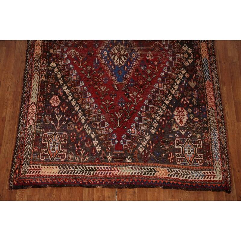 Vegetable Dye Shiraz Persian Antique Area Rug Hand-Knotted Wool Carpet - 5'7"x 8'2"