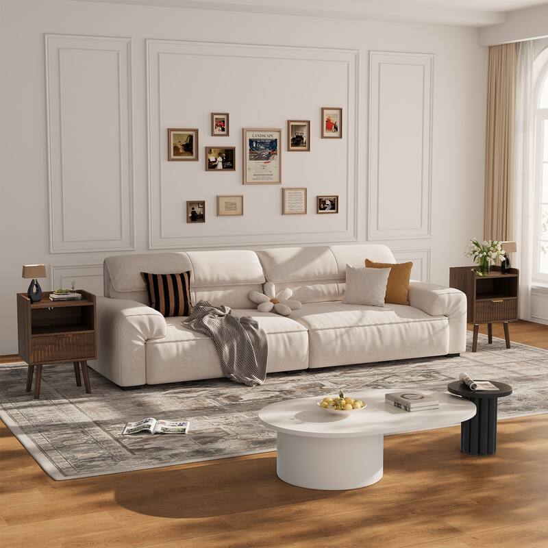 Modern Fluted Nightstand Set of 2 with USB Charging Station, Drawer and Open Storage Shelf