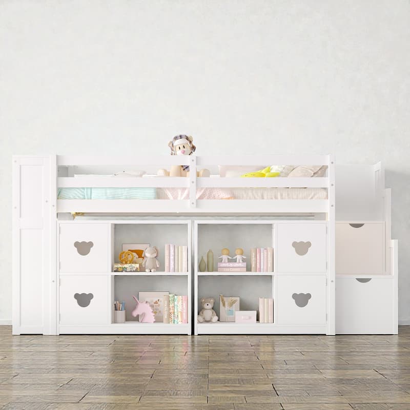 Twin Low Loft Bed with Storage Headboard, Shelves, Stair Drawers & LED Lights, Space-Saving Kids Wooden Loft Frame