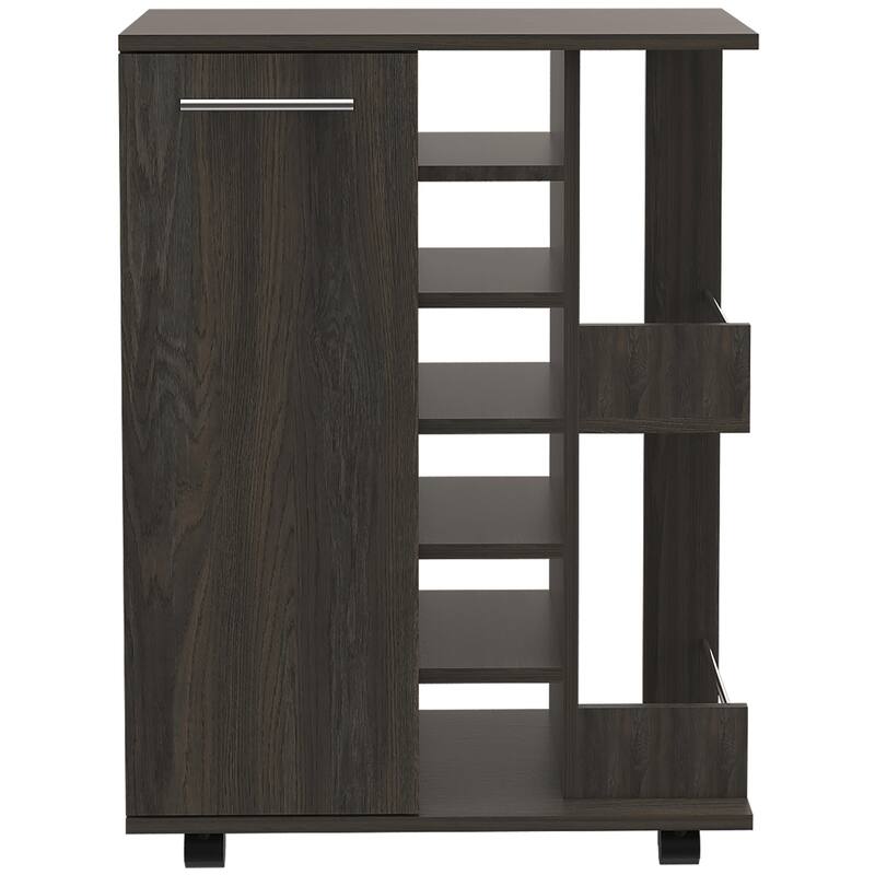 Tennessee Bar Cart, One Cabinet With Division, Six Cubbies For liquor, Two Shelves