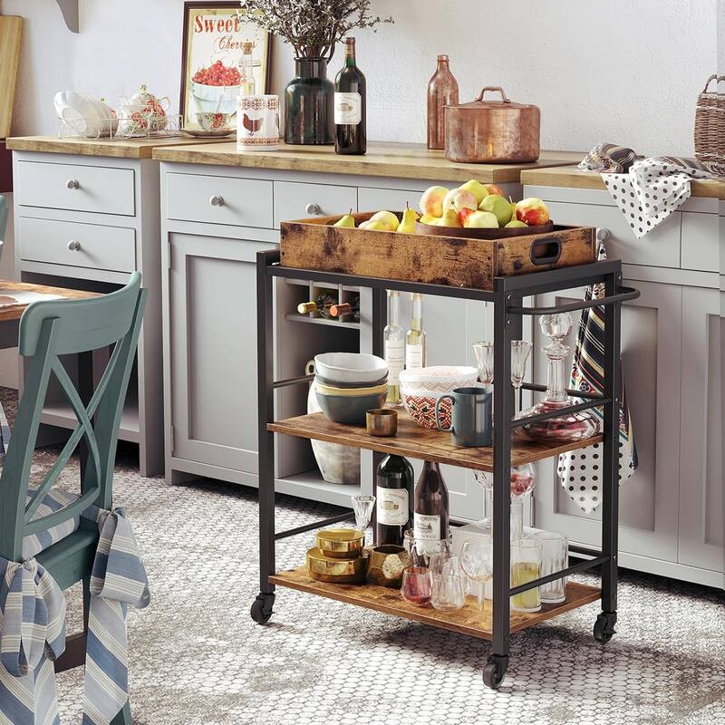 3-Tier Kitchen Serving Cart on Wheels with Storage, Leveling Feet